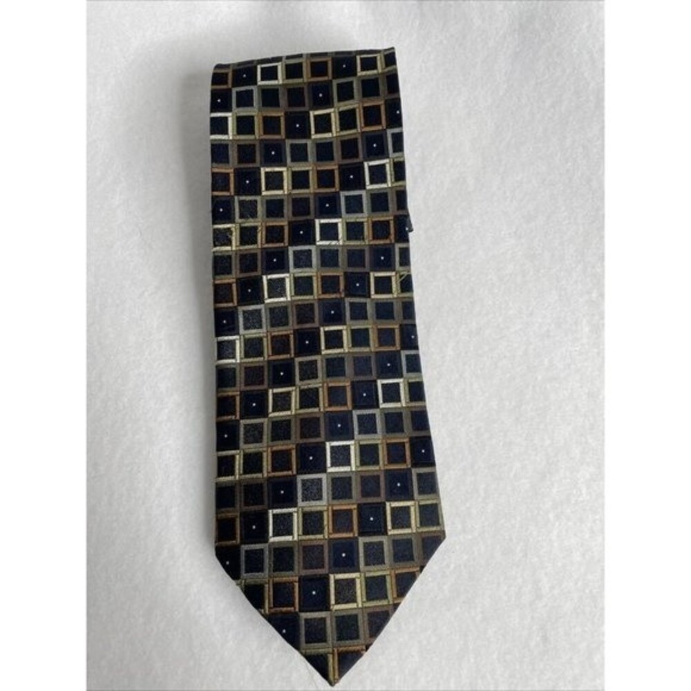 Valerio Garati Tie Black Gray White Gold Brown Checkered 60in Hand Made